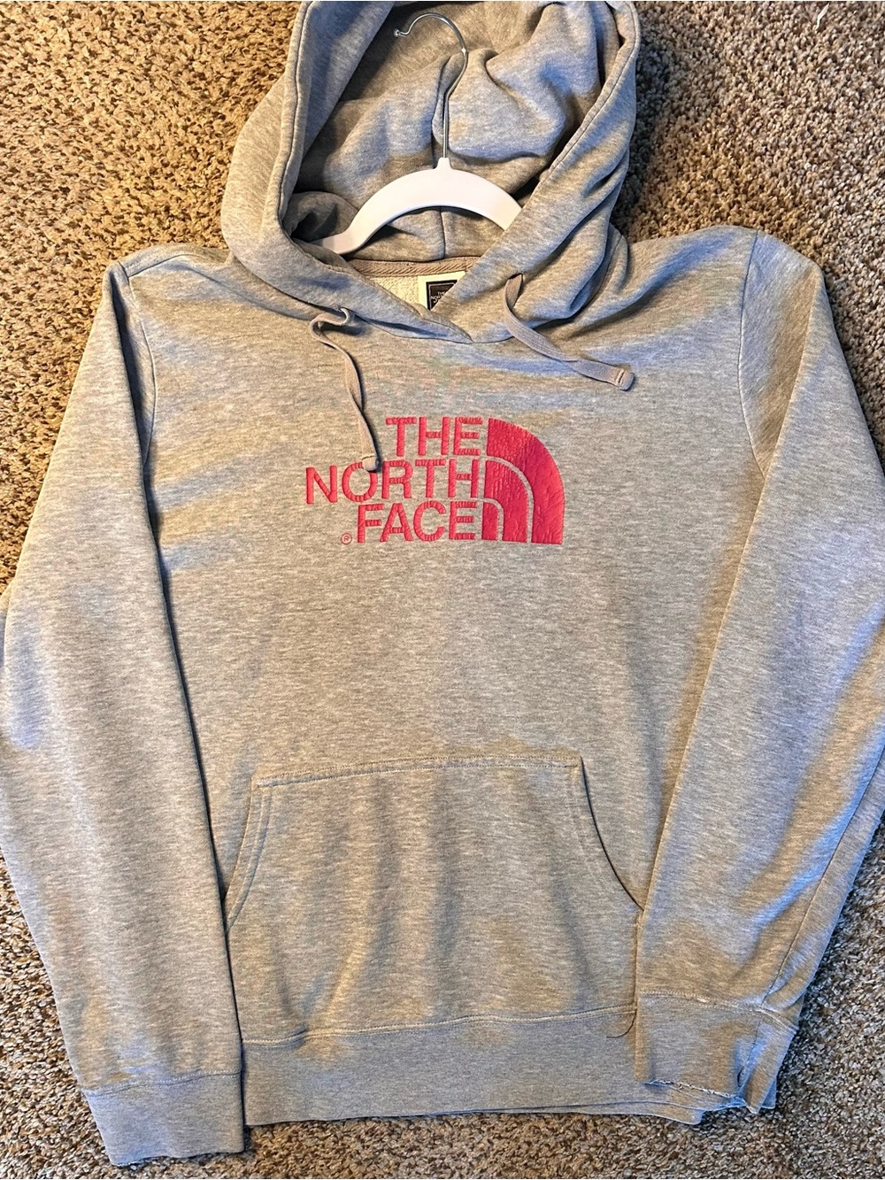 The North Face Light Gray Hoodie with pink Logo